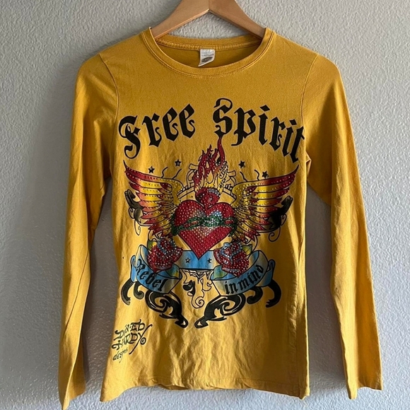 Ed Hardy Tops - ☆Ed Hardy Yellow Bedazzled Rhinestone Long Sleeve Top☆